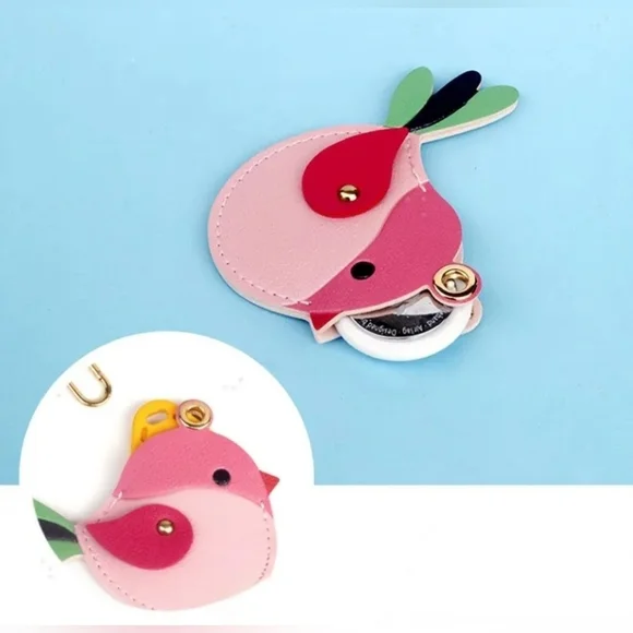 Colorful Pink Bird Vegan Leather Air Tag Holder Keychain with Braided Strap NWOT - Picture 7 of 9